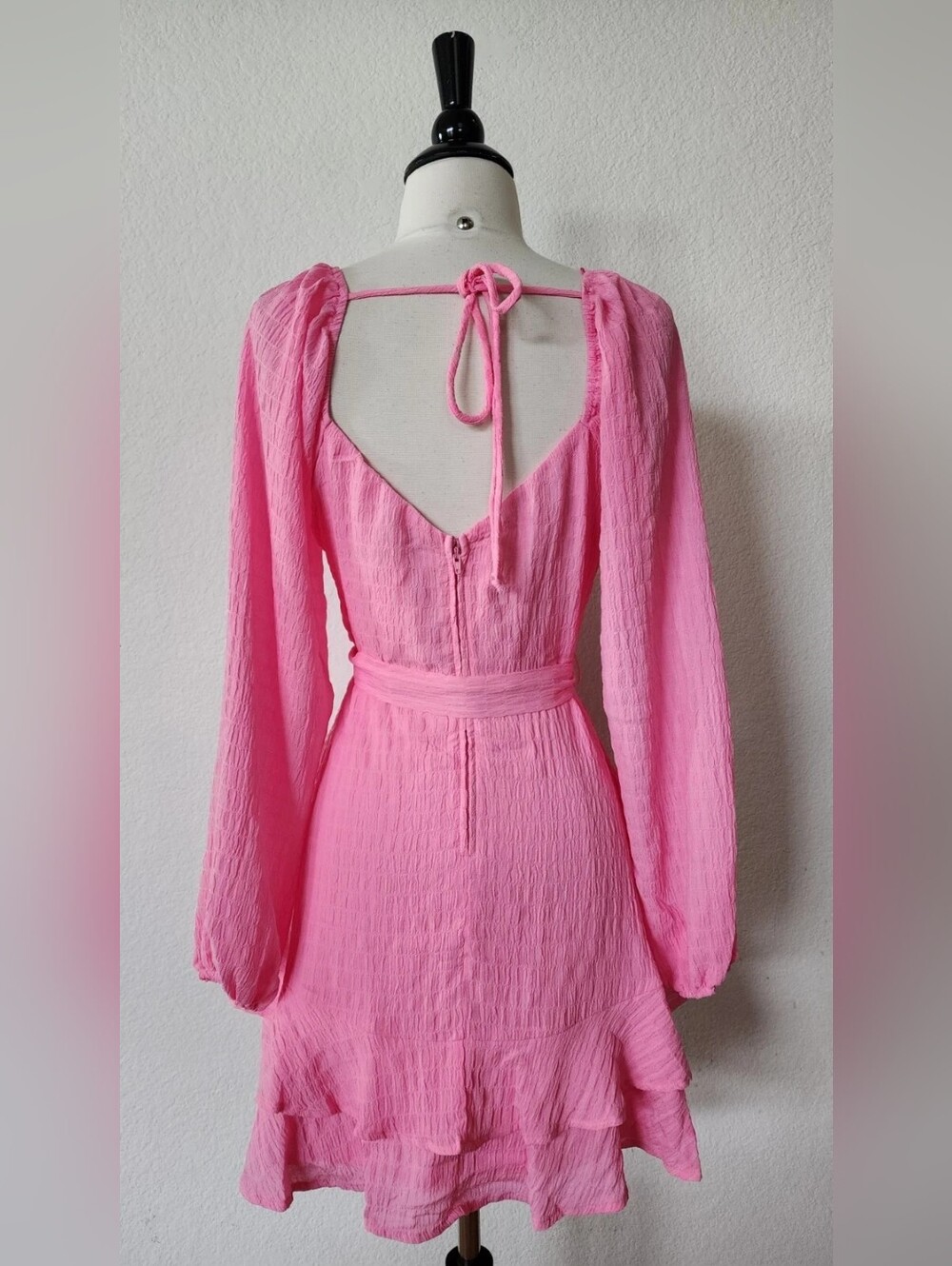 Pink Long-Sleeve Wrap Mini Dress with Tie Waist - Picture 3 of 4